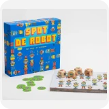 Voorkant van de doos in 3D en spelonderdelen van het spel Spot de Robot van uitgeverij Bis Publisher