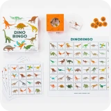 Doos in 2D perspectief + spelonderdelen van zoekspel Dino Bingo van uitgeverij Bis Publiisher
