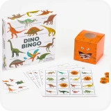 Doos in 3D perspectief + spelonderdelen van zoekspel Dino Bingo van uitgeverij Bis Publiisher