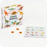 Doos in 3D aanzicht + spelonderdelen van zoekspel Dino Bingo van uitgeverij Bis Publiisher