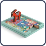 Een afbeelding in 2D  van het spel 'Âne Rouge'. Dit is een breinbreker van het merk Djeco uit de Sologic-serie