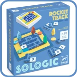 Een afbeelding van de voorkant in 3D  van het spel Rocket Track. Dit is een denkspel van het merk Djeco uit de Sologic-serie