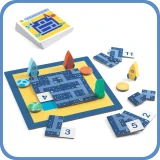 Een afbeelding van de de speelstukken van het spel Rocket Track. Dit is een denkspel van het merk Djeco uit de Sologic-serie