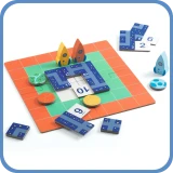 Een andere afbeelding van de spelcomponenten  van het spel Rocket Track. Dit is een denkspel van het merk Djeco uit de Sologic-s