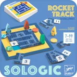 Een afbeelding van de voorkant in 2D  van het spel Rocket Track. Dit is een denkspel van het merk Djeco uit de Sologic-serie